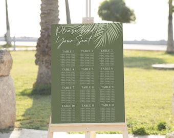 Sage Green Tropical Palm Leaf Wedding Seating Chart Sign (24x36 Editable Template)