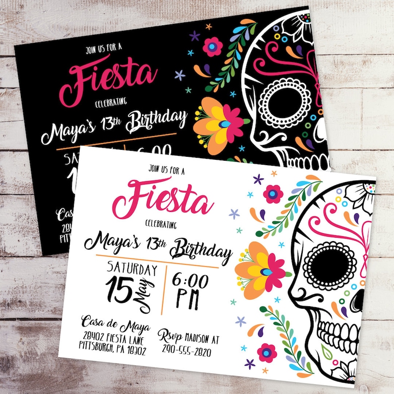 Mexican Skull Fiesta Birthday Invitation Floral Fiesta Invitation Day of the Dead Halloween Party Invite Printed Dia de los Muertos Invite