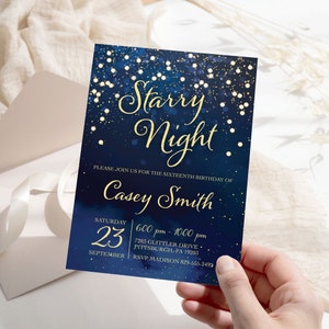 Editable Starry Night Birthday Invitation Stars Sweet 16 Birthday Invitation Celestial Invitation Navy Blue Under the Stars Invite Template