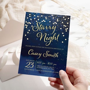 EDITABLE Starry Night Birthday Invitation Stars Sweet 16 Birthday Invitation Celestial Invitation Navy Blue Under the Stars Invite Template