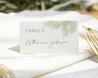 Sage Green Tropical Palm Leaf Wedding Place Card Olive Green Party Decor (Editable Template)