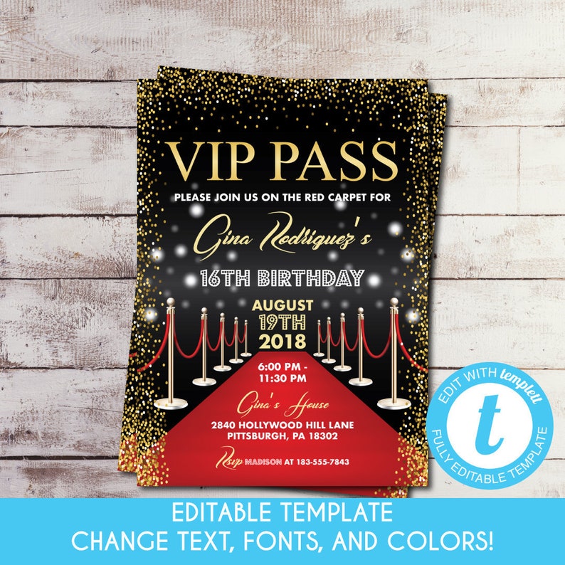 Self Edit Template Printable Vip Pass Hollywood Red Carpet Etsy