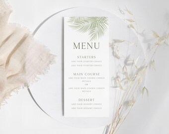 Sage Green Tropical Palm Leaf Wedding Dinner Menu (Editable Template)