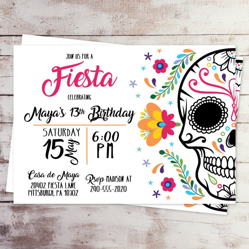 Mexican Skull Fiesta Birthday Invitation Floral Fiesta Invitation Day of the Dead Halloween Party Invite Printed Dia de los Muertos Invite