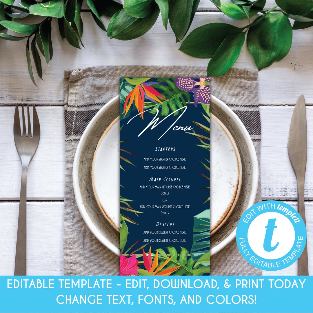 Reggae Menu Layout Tropical Dinner Menu: Navy Floral Luau Bar Drink Sign Party Decor ...