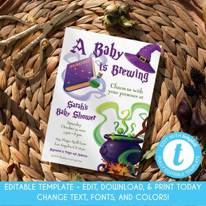 Editable Halloween Baby Shower Invitation Witch Theme Party Invitation Baby is Brewing Baby Shower Invite Halloween Invitation Template