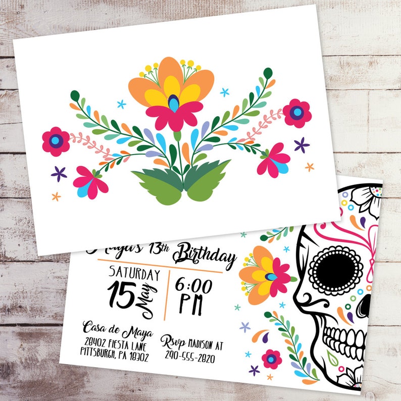 Mexican Skull Fiesta Birthday Invitation Floral Fiesta Invitation Day of the Dead Halloween Party Invite Printed Dia de los Muertos Invite