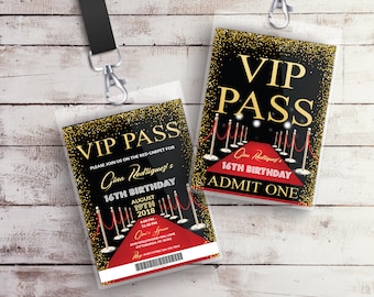 編集可能な VIP パス誕生日招待状 ストラップ挿入 ハリウッド誕生日招待状 レッドカーペット スイート 16 招待状 ハリウッド パーティー テンプレート