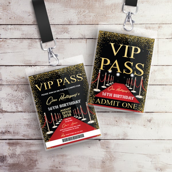 EDITABLE VIP Pass Birthday Invitation Lanyard Insert Hollywood Birthday Invite Red Carpet Sweet 16 Invitation Hollywood Party Template