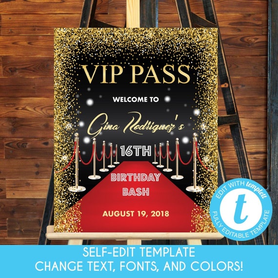 Editable Hollywood Welcome Sign 24x36 Vip Pass Hollywood Red Etsy 日本
