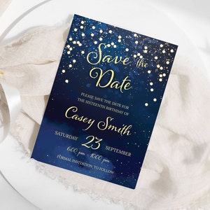 Editable Starry Night Save the Date Stars Birthday Save the Date Sweet 16 Under the Stars Celestial Invitation Navy Blue Stars Prom Template