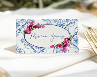 Blue Tile Pink Floral Wedding Place Card: Mediterranean Party Tented (Editable Template)