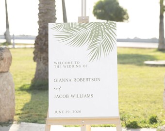 Sage Green Tropical Palm Leaf Wedding Welcome Sign (24x36 Editable Template)