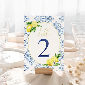Editable Lemon Table Number Card Wedding Decor Lemon Positano Tuscan Blue Tile Table Number Citrus Lemon Floral Bridal Shower Decor Template