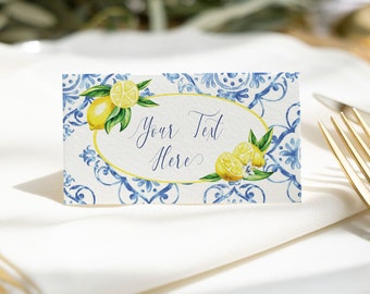 EDITABLE Lemon Place Card Wedding Blue Tile Positano Tuscan Rehearsal Dinner Lemon Floral Name Card Bridal Shower Food Tent Card Template