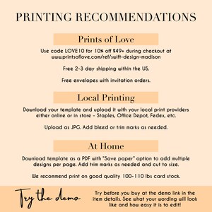 May include: A printable invitation template with instructions for printing at home, with a local print shop, or using Prints of Love. The text reads "Try the demo" and includes a link to a demo of the template.