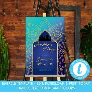 Editable Arabian Nights Welcome Sign 24x36 Arabian Nights Birthday Welcome Sign Template Aladdin Party Welcome Poster Template