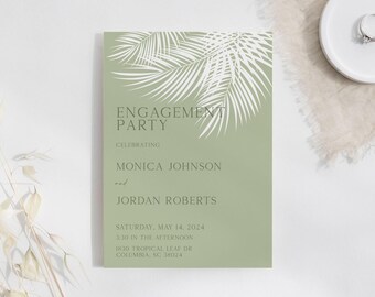 Sage Green Tropical Palm Leaf Engagement Party Invitation Olive Green Summer Wedding (Editable Template)