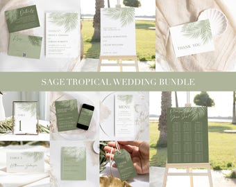 Sage Green Tropical Palm Leaf Wedding Bundle Summer Olive Green Invitation Suite (Editable Template)