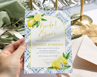 Lemon Bridal Shower Invitation: Blue Tile, Positano Theme (Editable Template)