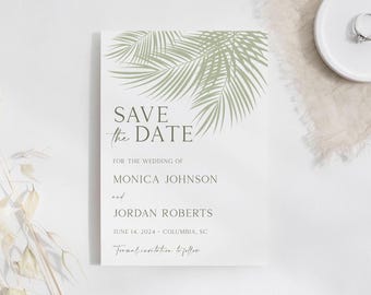 Sage Green Tropical Palm Leaf Wedding Save the Date (Editable Template)