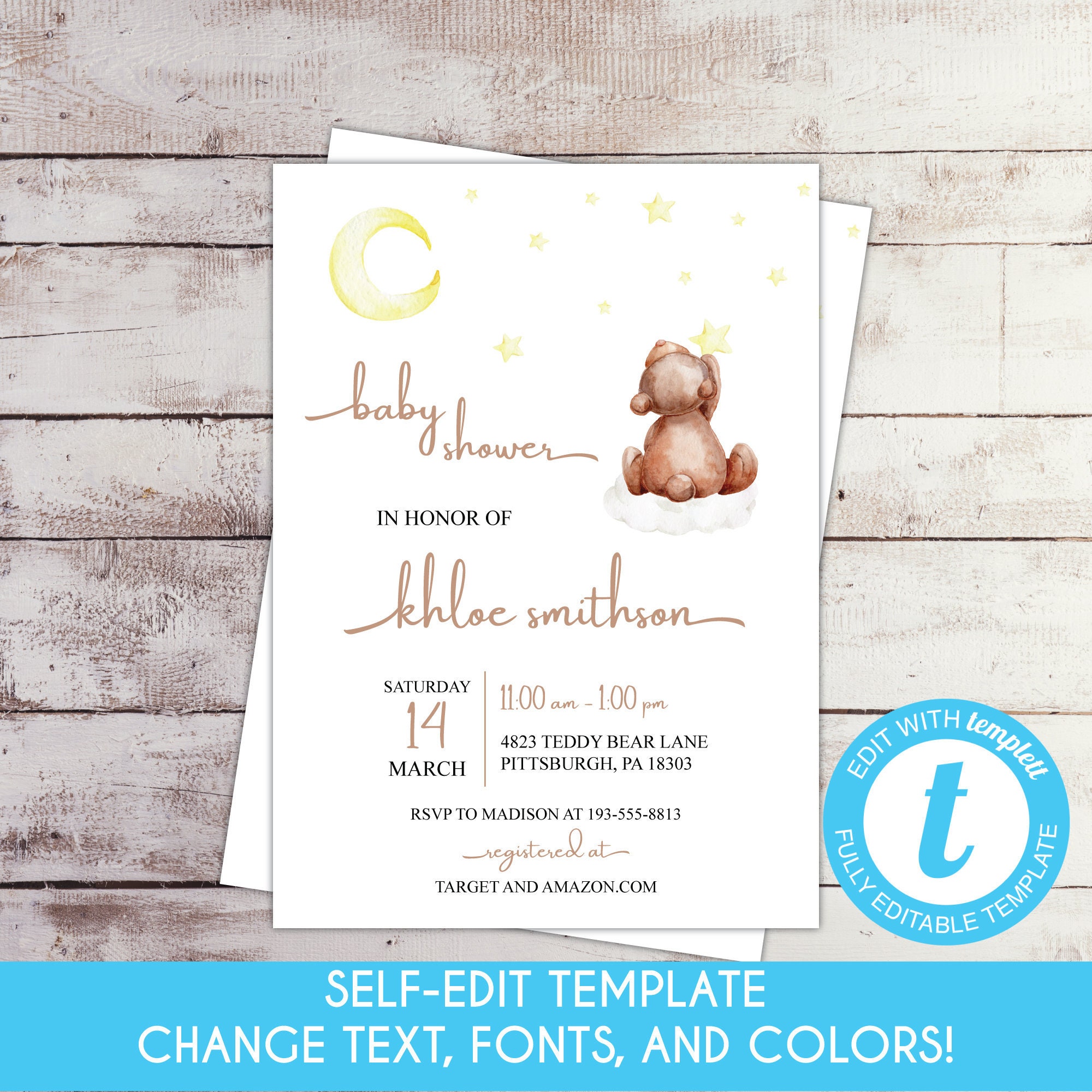 Teddy Bear Baby Shower Invitation Printable, Digital Or Printed Invitation  Baby Shower Gender Neutral, Editable Invitation Beige Brown bsh01