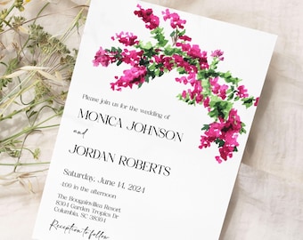 Pink Floral Wedding Invitation Bougainvillea Spring Summer Tropical (Editable Template)