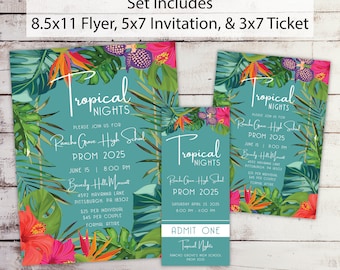 Tropical Nights Luau Prom Set: Invitation, Flyer, Ticket (Editable Template)
