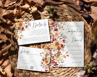 Burgundy Fall Floral Wedding Invitation Set (Editable Template)