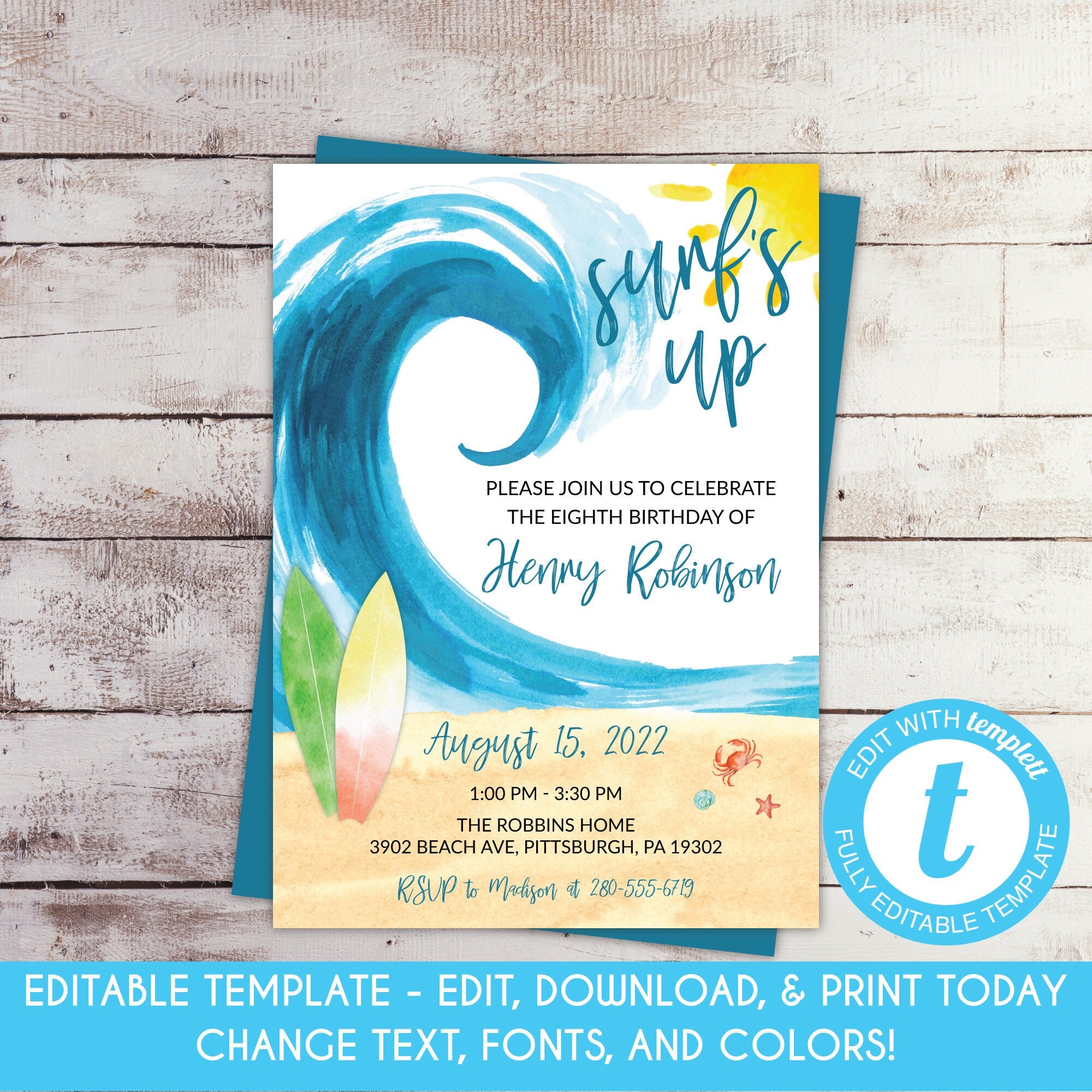 EDITABLE Surfs Up Birthday Invitation Surf Birthday Invite Surfer Invitation Beach Party Invitation Ocean Summer Beach