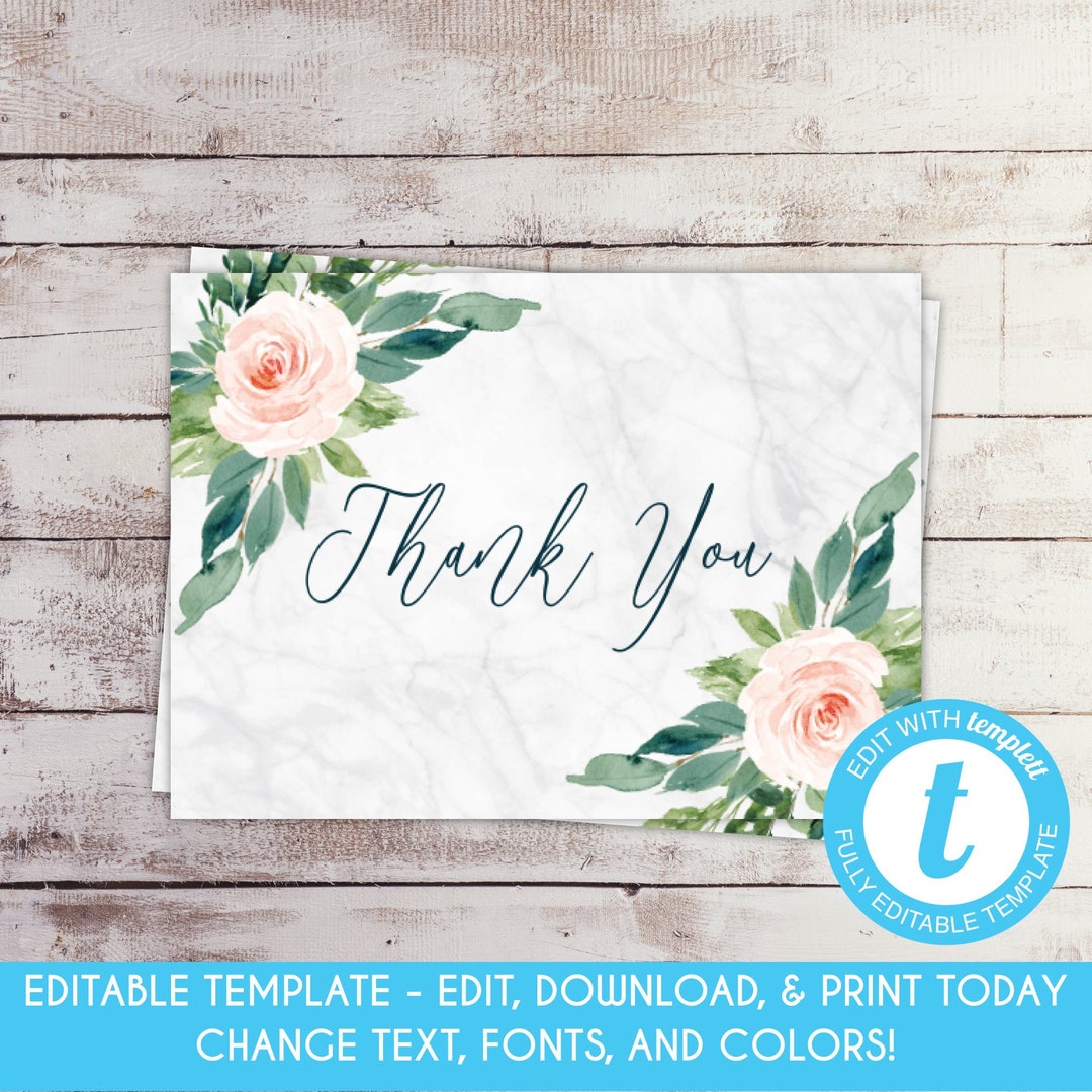 EDITABLE Pink Blush Floral Thank You Card Marble Blush Bridal - Etsy