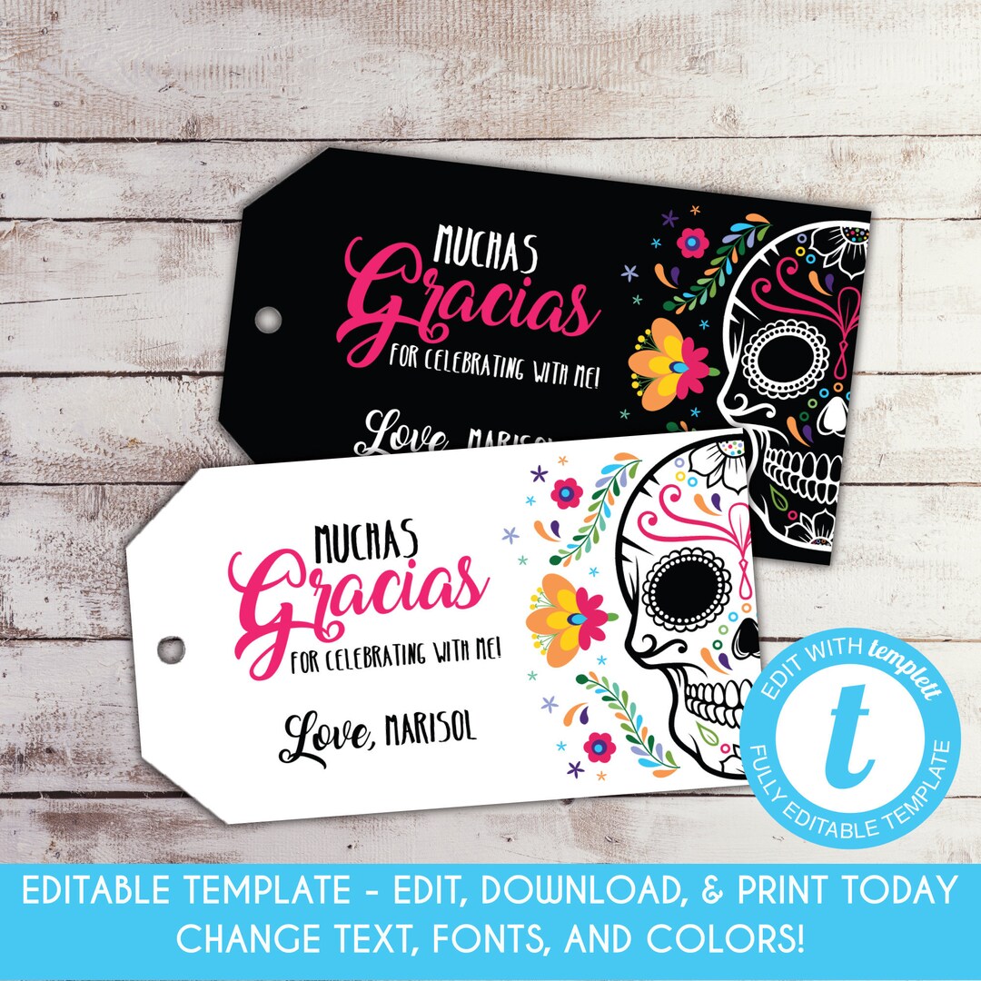 Editable Mexican Skull Fiesta Party Favor Tags Dia De Los Muertos Fiesta Favor Tags Day of the ...