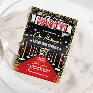 EDITABLE Hollywood Birthday Invitation Lights Camera Party Birthday Red Carpet Sweet 16 Invitation Hollywood Party Quinceanera Template