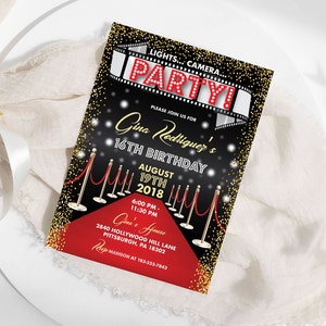 ハリウッド誕生日招待状：レッドカーペット・スイート16（編集可能なテンプレート）