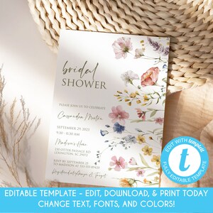 Editable Wildflower Bridal Shower Invitation Boho Bridal Shower Invite Wildflower Invitation Wildflower Boho Modern Wedding Shower Template