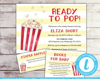 EDITABLE Ready to Pop Baby Shower Invitation Set Popcorn Baby Shower Invitation Popcorn Invitation Carnival Baby Shower Invite Template