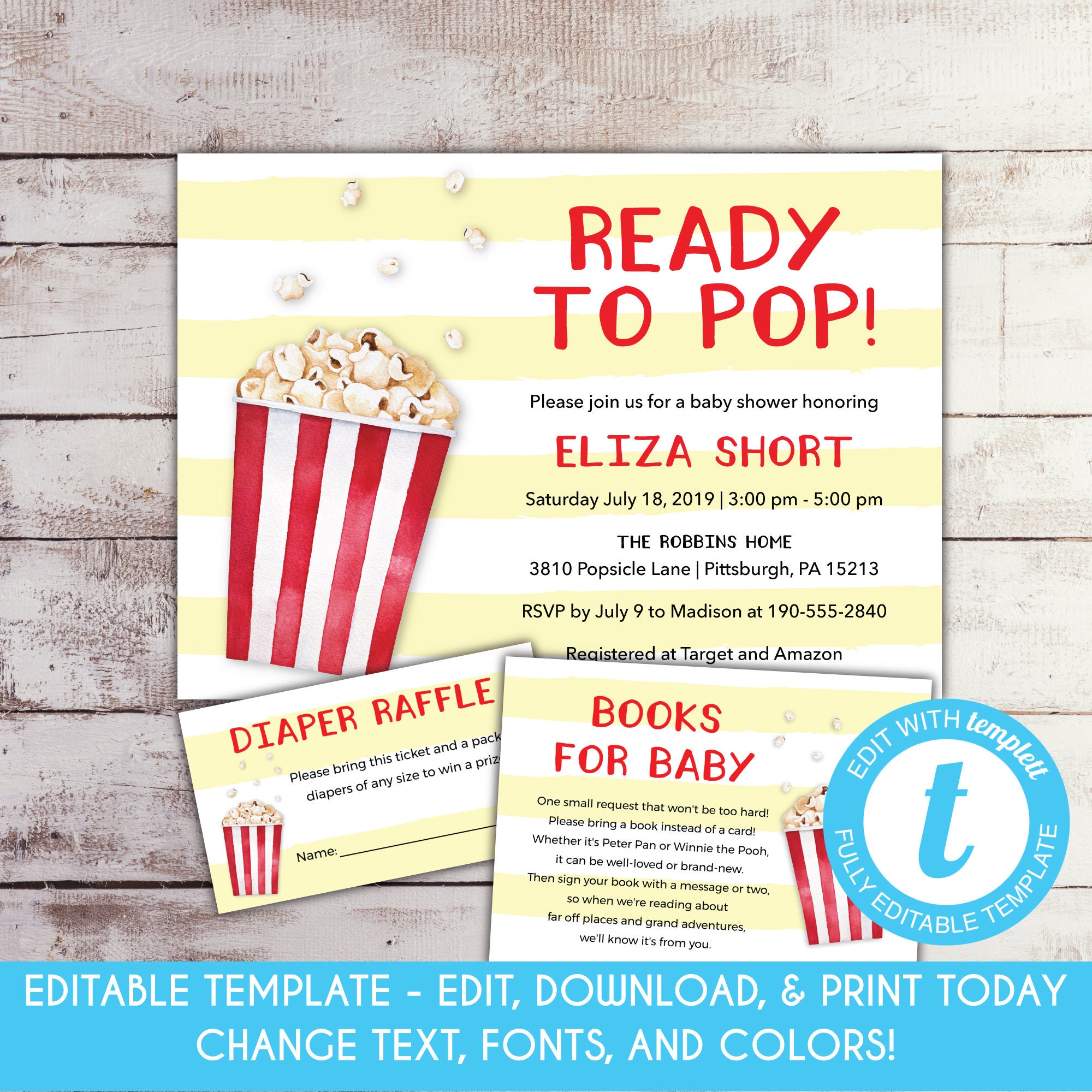 EDITABLE Ready to Pop Baby Shower Invitation Set Popcorn Baby Shower Invitation Popcorn Invitation Carnival Baby Shower