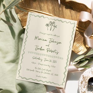 Editable Hand Drawn Tropical Wedding Invitation Green Destination Wedding Invite Illustrated Palm Tree Coastal Beach Mexico Wedding Template