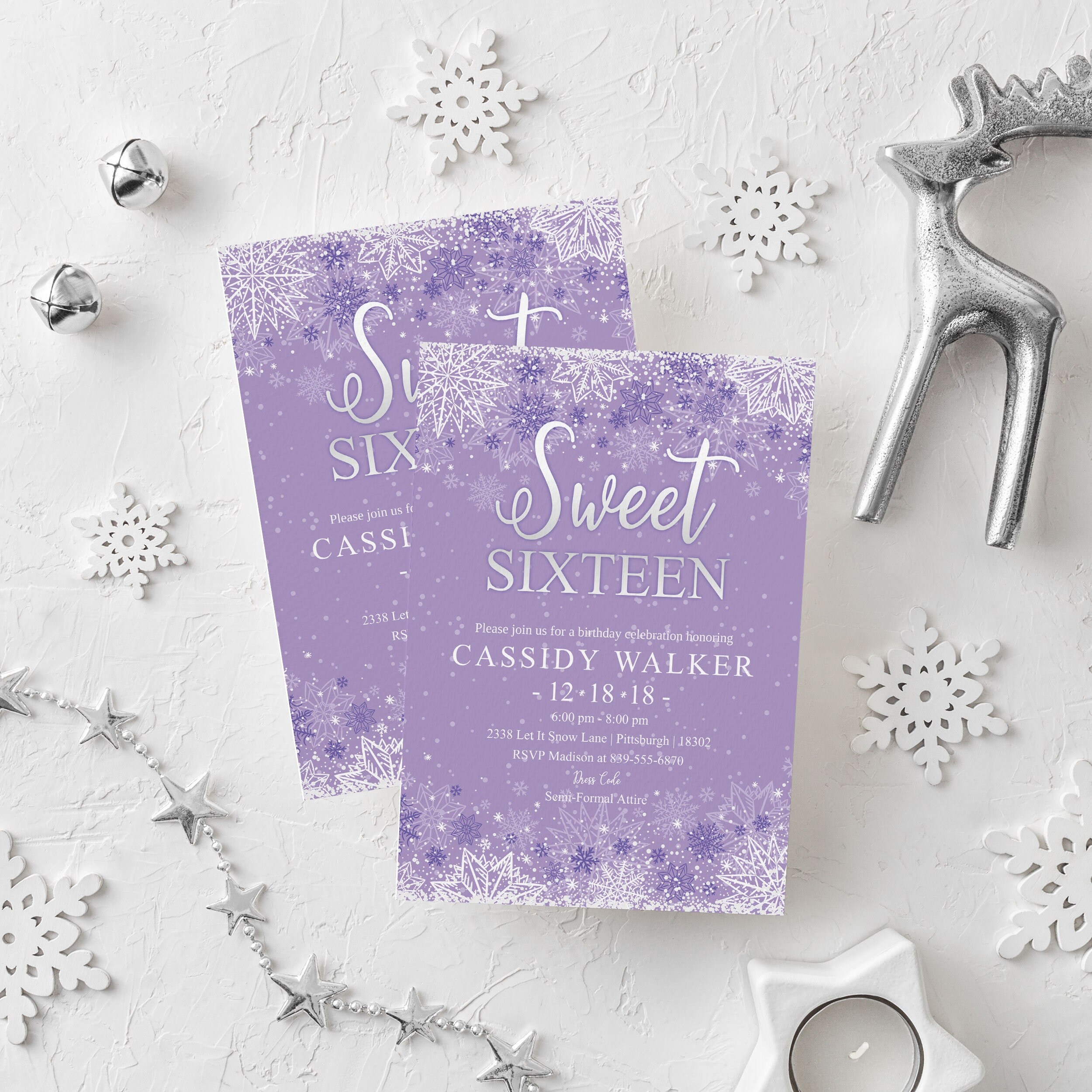 EDITABLE Purple Snowflake Birthday Invitation Winter Wonderland Sweet 16 Invite Purple Quinceanera Winter Wonderland