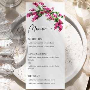 Menu rose moderne modifiable, menu de mariage bougainvilliers, menu de dîner de mariage floral rose, menu de boissons minimalistes, modèle de menu tropical d'été