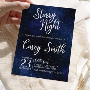 Editable Starry Night Birthday Invitation Celestial Invitation Navy Blue Under the Stars Birthday Invitation Celestial Sweet 16 Template