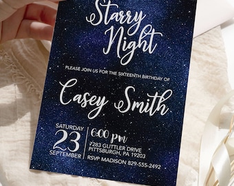 EDITABLE Starry Night Birthday Invitation Celestial Invitation Navy Blue Under the Stars Birthday Invitation Celestial Sweet 16 Template