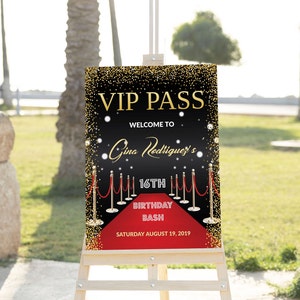 Editable VIP Pass Hollywood Welcome Sign 24x36 Red Carpet Hollywood Birthday Welcome Poster Sweet 16 Hollywood Party Sign Decor Template