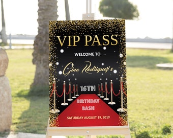 VIP Pass MODIFIABLE Plaque de bienvenue Hollywood 24 x 36 Tapis rouge Hollywood Birthday Welcome Poster Modèle de décoration Sweet 16 Hollywood Party Sign