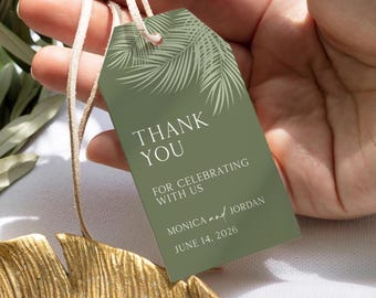 Sage Green Palm Leaf Wedding Favor Tags, Tropical Bridal Shower (Editable Template)