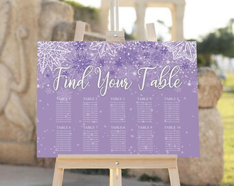 Purple Snowflake Seating Chart: Lavender Winter Wonderland Sweet 16 Wedding Decor (24x36 Editable Template)