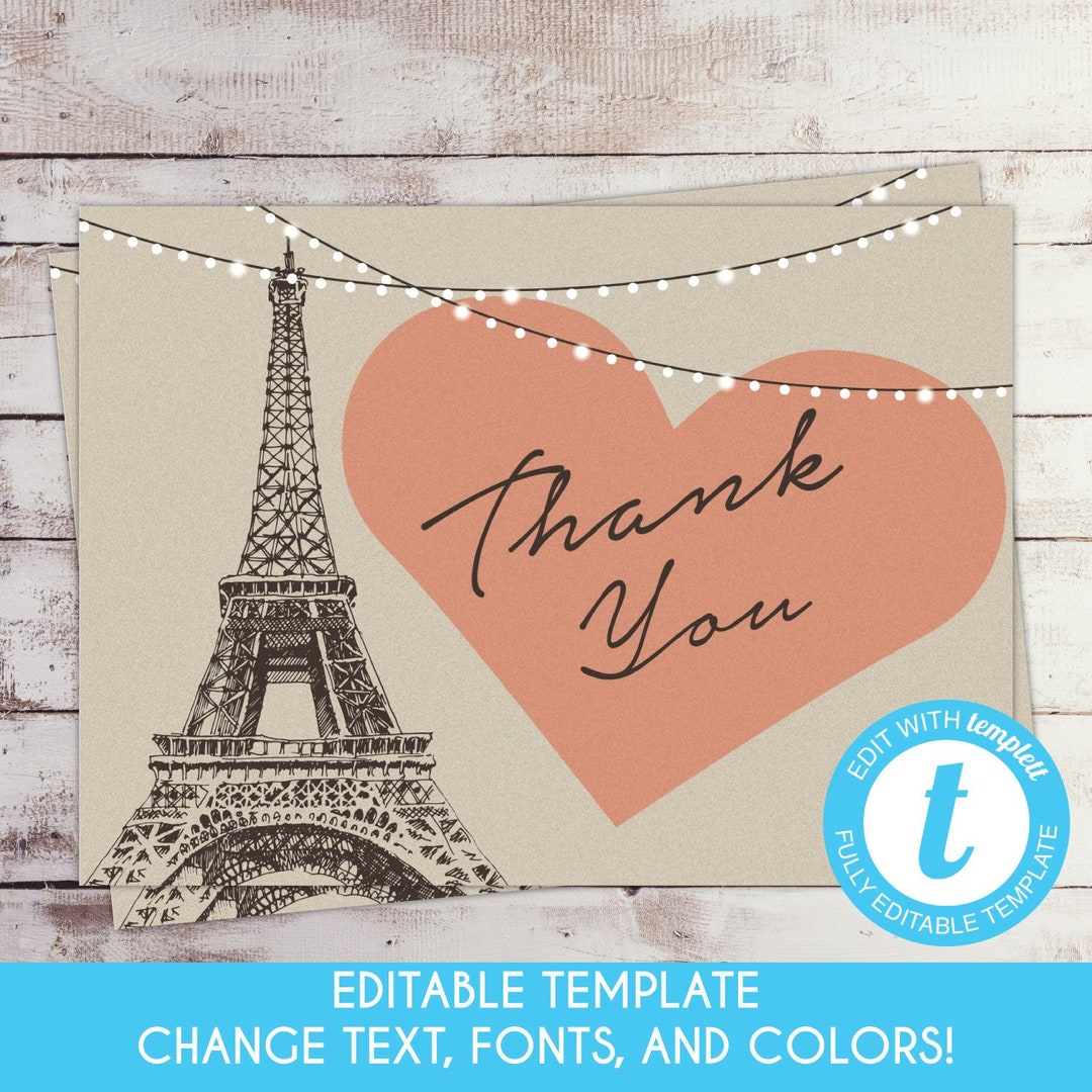 Editable Paris Thank You Card Parisian Bridal Shower Invitation Eiffel ...