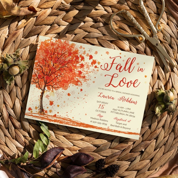 EDITABLE Fall in Love Bridal Shower Invitation Red Orange Fall Bridal Shower Invite Autumn Wedding Shower Fall Tree Invitation Template