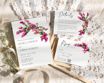Pink Bougainvillea Wedding Invitation Suite: Editable Template