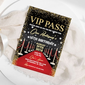 EDITABLE VIP Pass Birthday Invitation Hollywood Birthday Invite Red Carpet Sweet 16 Invitation Hollywood Party Quinceanera Template